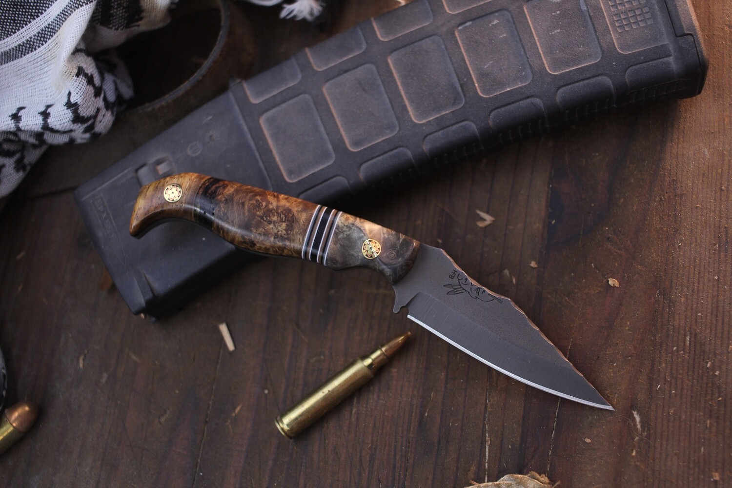 Half Face Blade EDC 3&quot; Fixed Blade / Buckeye &amp; Maple Burl / Acid Washed Rockworked S45VN