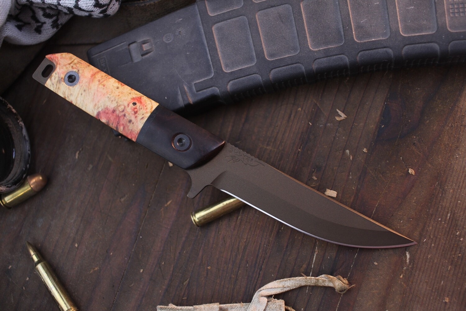 Half Face Blade Kwaiken FC 4.25&quot; Fixed Blade / Desert Ironwood &amp; Box Edler Burl / Bronze Cerakote MagnaCut
