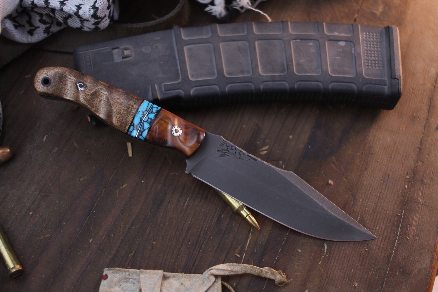 Half Face Blade Crow Scout 5&quot; Fixed Blade / Snakewood &amp; Koa With Turquoise Ring / Acid Washed MagnaCut