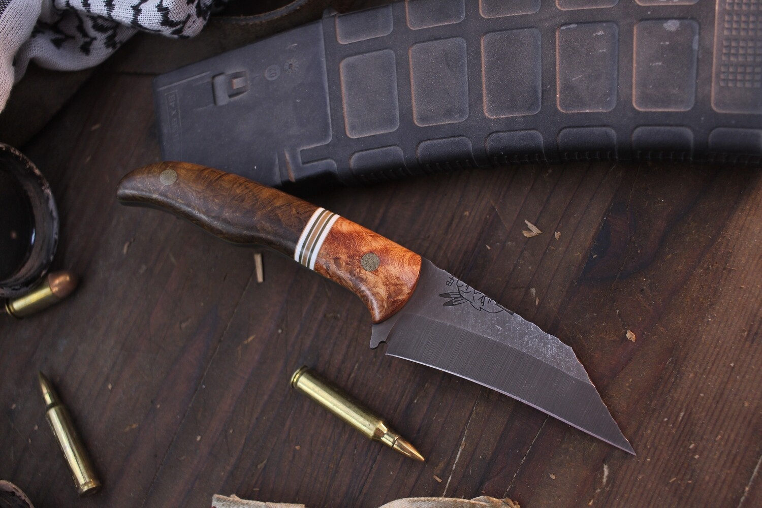 Half Face Blade Kensof 3.5&quot; Fixed Blade / Amboyna Wood &amp; G-10 Spacer / Acid Washed S45VN