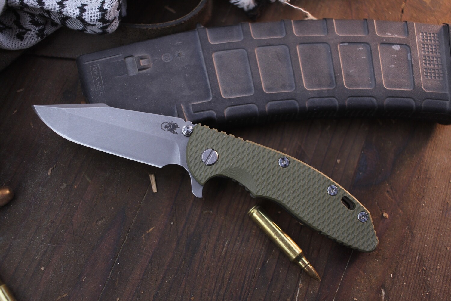 Hinderer XM-18 3.5&quot; Framelock Flipper / OD Green G-10 &amp; Battle Bronze Titanium / Working Finish S45VN Harpoon Spanto