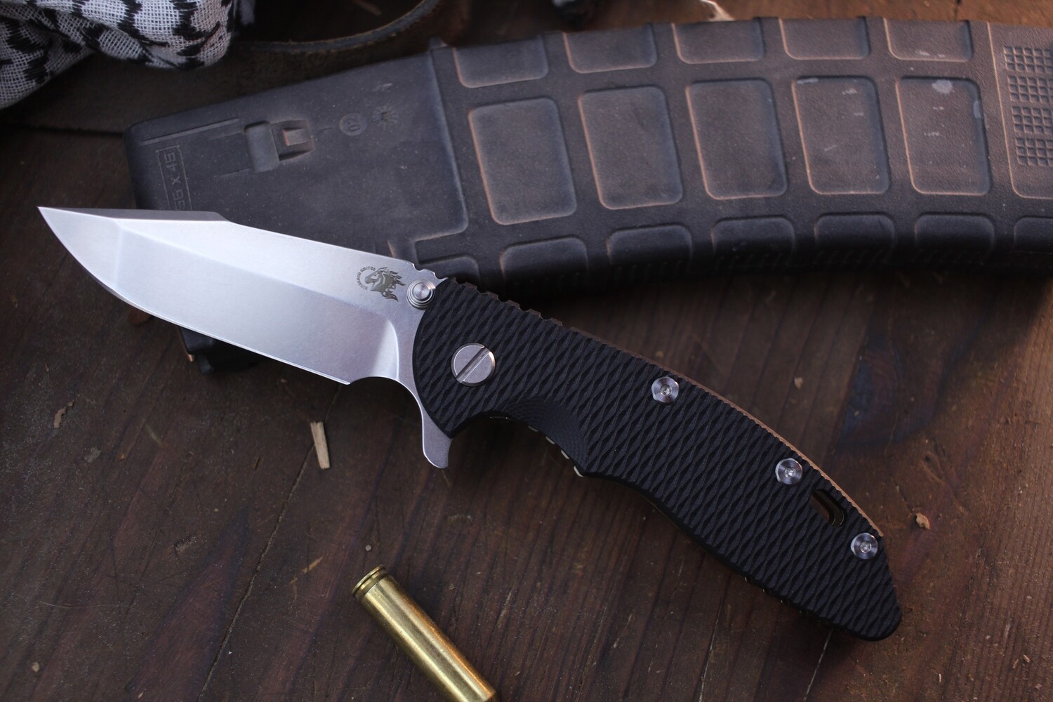 Hinderer XM-18 3.5&quot; Framelock Flipper / Black G-10 &amp; Stonewashed Bronze Titanium / Stonewashed S45VN Spanto