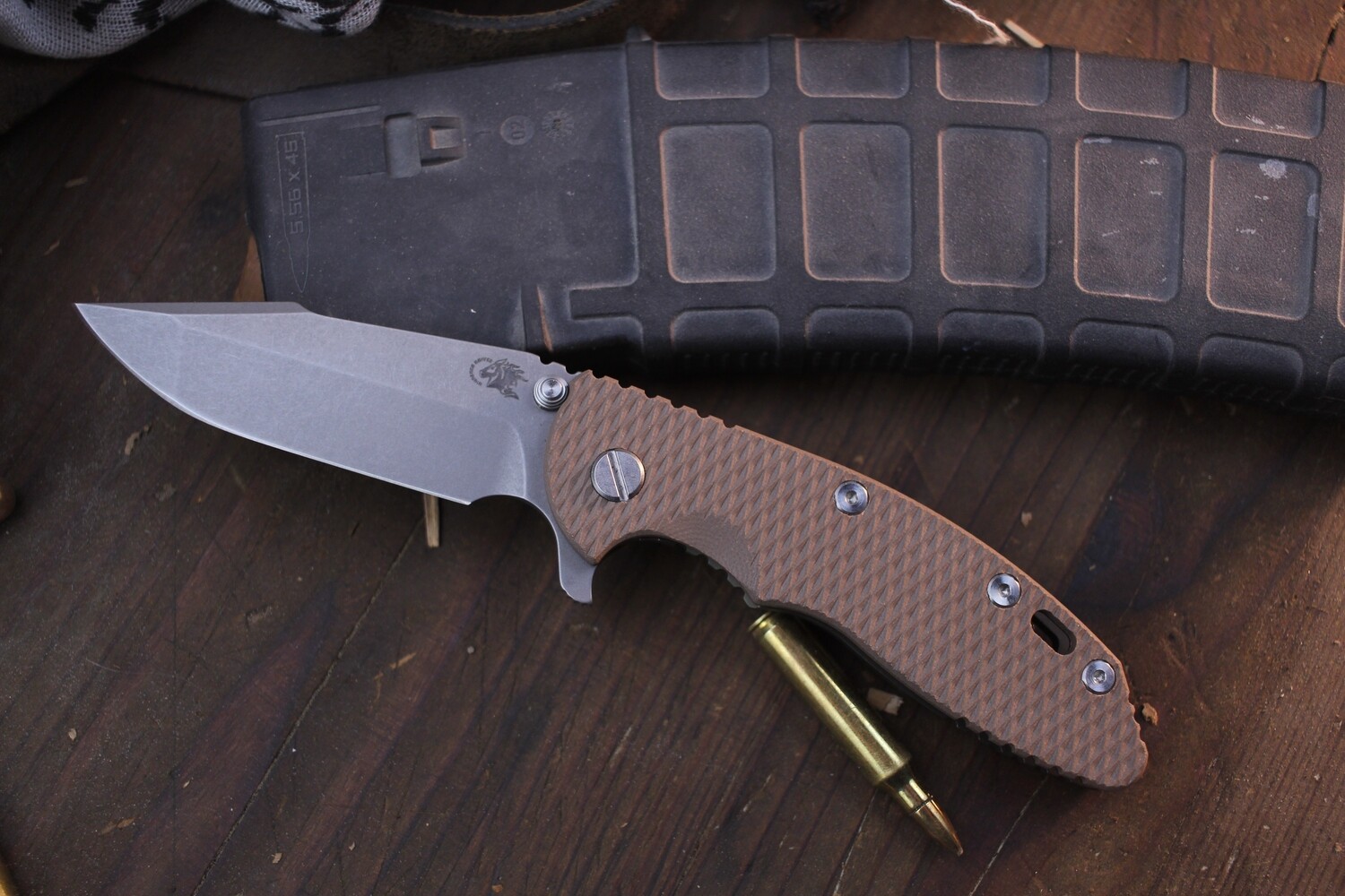 Hinderer XM-18 3.5&quot; Framelock Flipper / FDE G-10 &amp; Battle Bronze Titanium / Working Finish S45VN Spanto