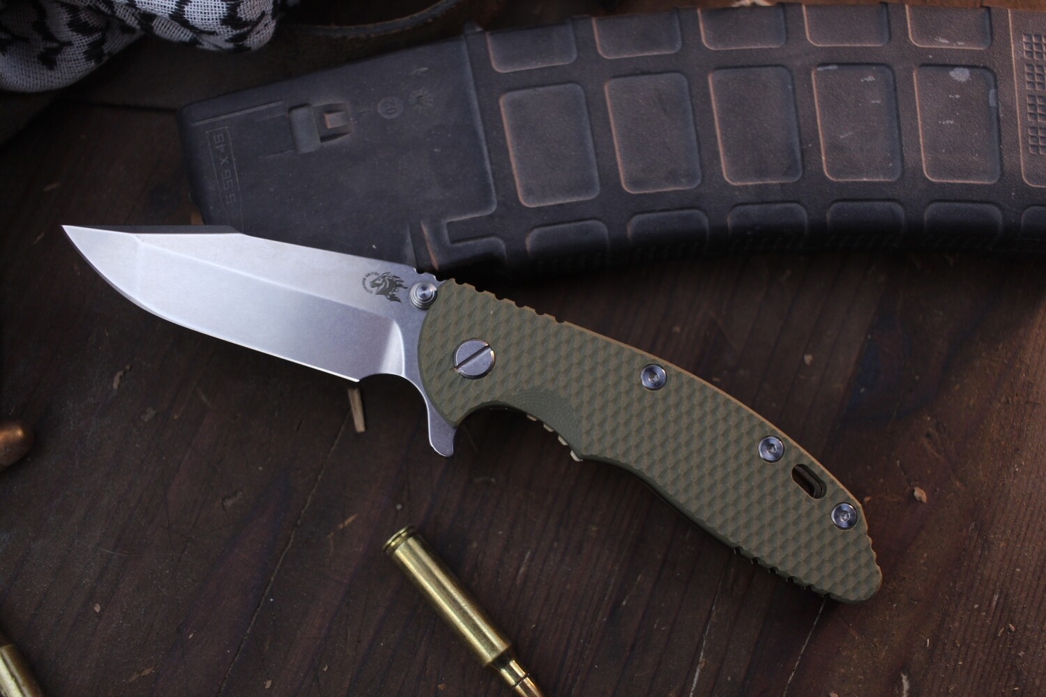 Hinderer XM-18 3.5&quot; Framelock Flipper / OD Green G-10 &amp; Stonewashed Bronze Titanium / Stonewashed S45VN Spanto