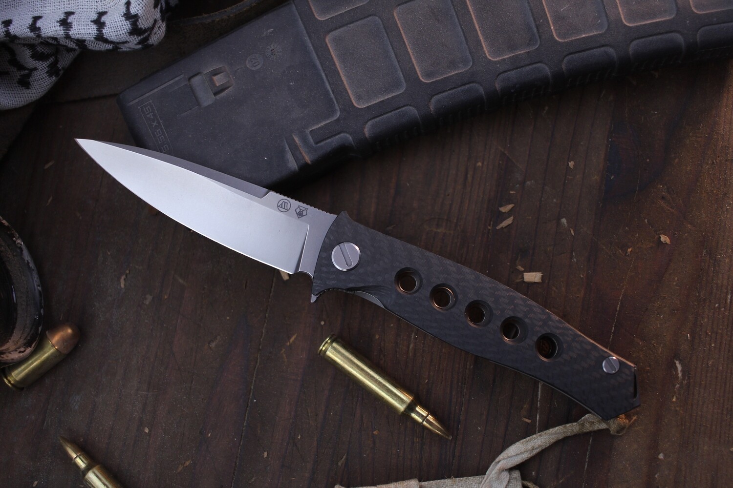 Shirogorov &amp; Tom Mayo Russian Dr. Death 3.75&quot; Framelock Flipper / Carbon Fiber &amp; Titanium / Satin Vanax37 ( Pre Owned )