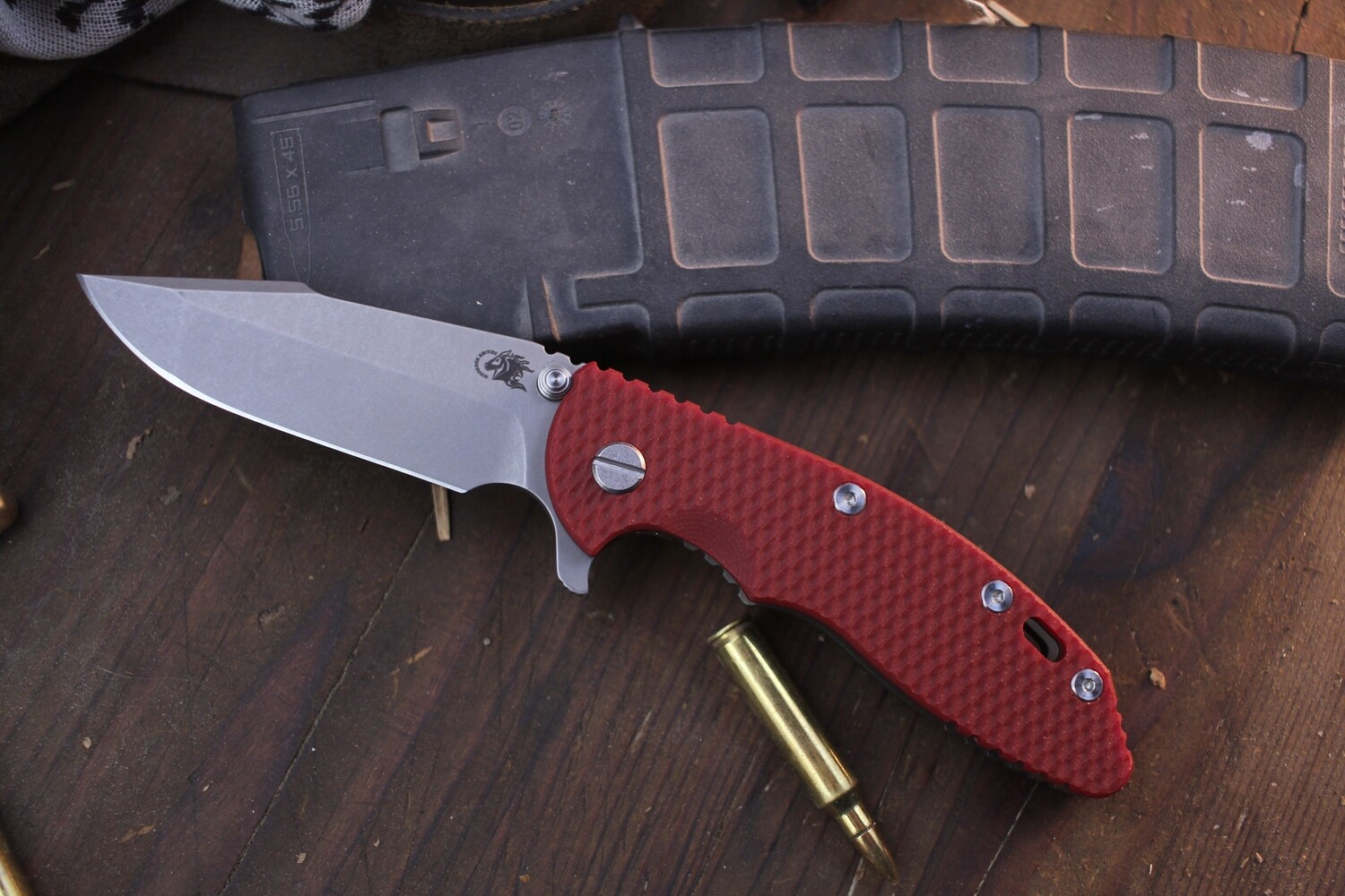 Hinderer XM-18 3.5&quot; Framelock Flipper / Red G-10 &amp; Battle Bronze Titanium / Working Finish S45VN Spanto