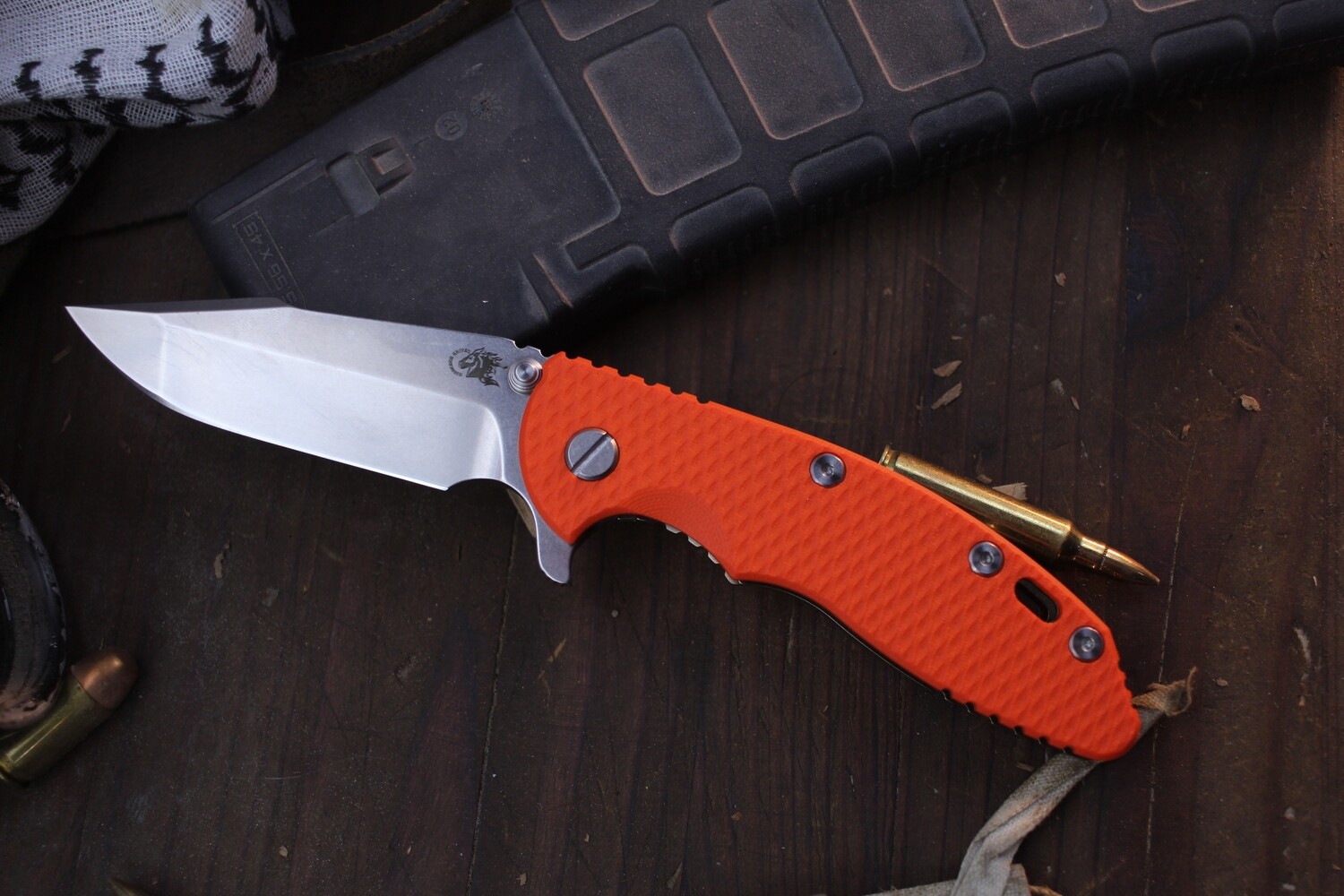 Hinderer XM-18 3.5&quot; Framelock Flipper / Orange G-10 &amp; Stonewashed Bronze Titanium / Stonewashed S45VN Spanto