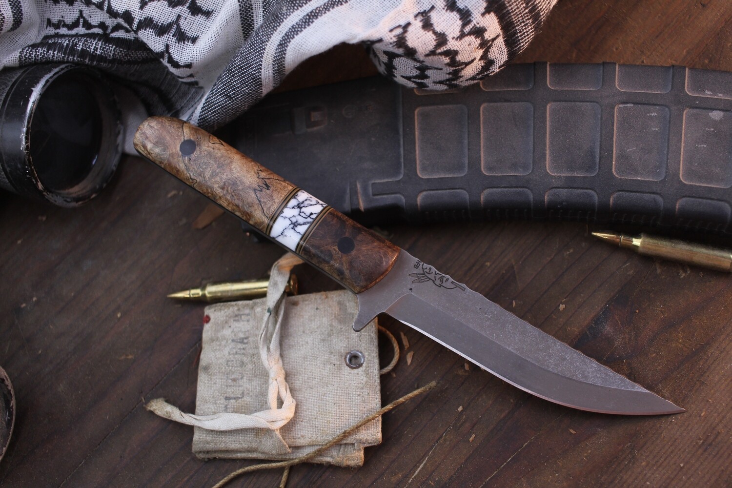 Half Face Blade Custom Kwaiken FC 4.25&quot; Fixed Blade / Maple &amp; Tru-Stone Spacer  / Acid Washed MagnaCut