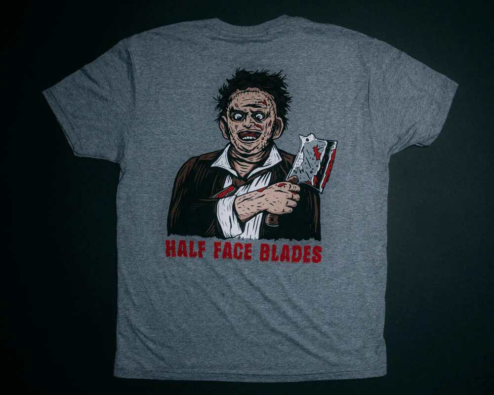 Half Face Blades Leather Face T-Shirt / Premium Heather / Medium