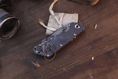 Strider Knives MSC SMF 3.875" Framelock Folder / Flamed Titanium &amp; Double Wing Bat Logo / Trisula Grind Serrated CTS-XHP