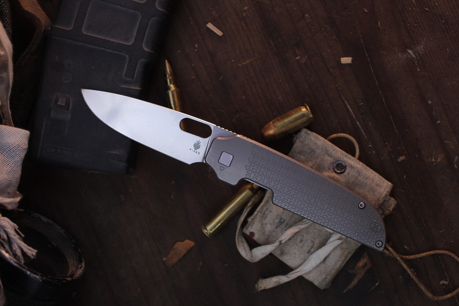 Kizer Cutlery Justin Lundquist Varatas 3.27&quot; Framelock Front Flipper / Milled Titanium / Satin S35VN ( Pre Owned )