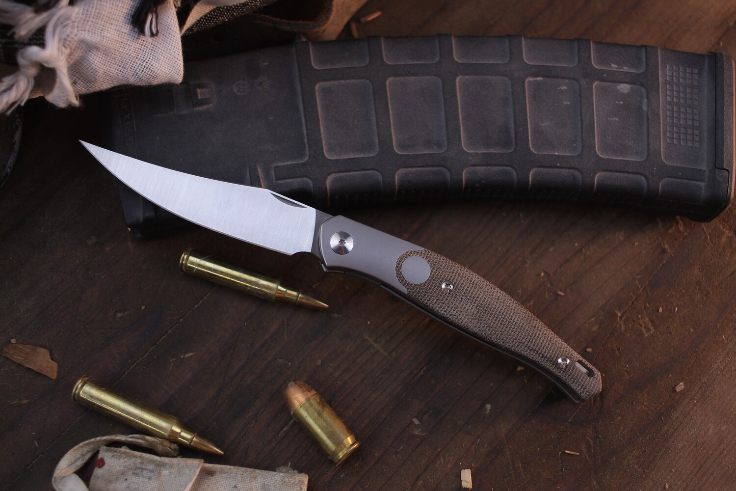 GiantMouse GM7 3.5&quot; Linerlock Folder / Titanium Bolsters &amp; Green Micarta Scales / Satin M390 Micro Clean ( Pre Owned )