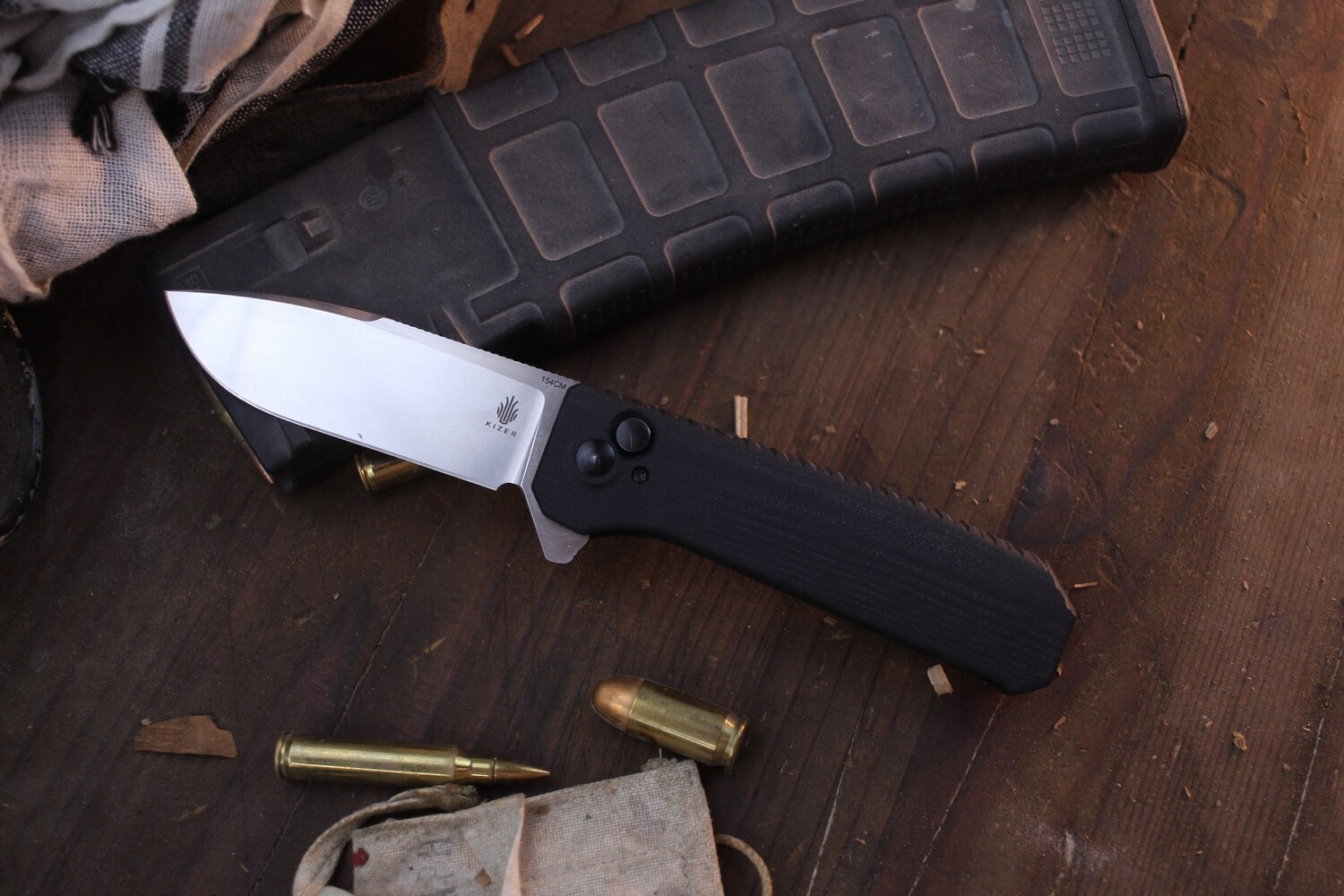 Kizer Cutlery Vanguard Azo Brat 3.5&quot; Plunge Lock Flipper / Black Integral G-10 Frame / Stonewashed 154CM ( Pre Owned )