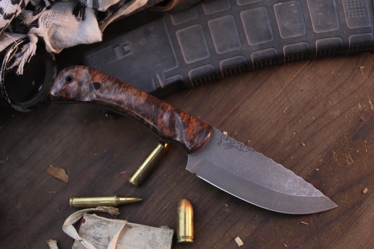 Half Face Blade Custom Cavner 4.2&quot; Fixed Blade / American Redwood Burl / Acid Washed MagnaCut