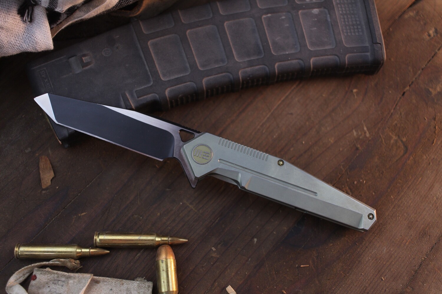 WE Knives 610 Battleship 3.86&quot; Framelock Flipper / Green Aluminum / Two Tone S35VN Tanto ( Pre Owned )