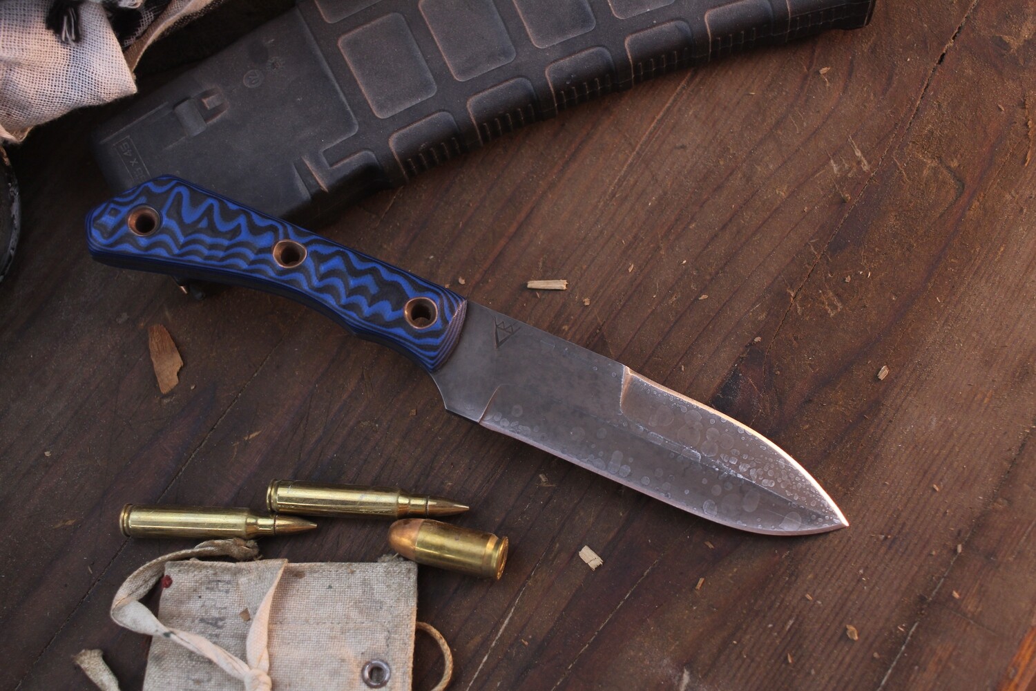 Brewer Forge Bayonet 4&quot; Fixed Blade / Blue &amp; Black G-10 / Acid Washed 1095 ( Pre Owned )