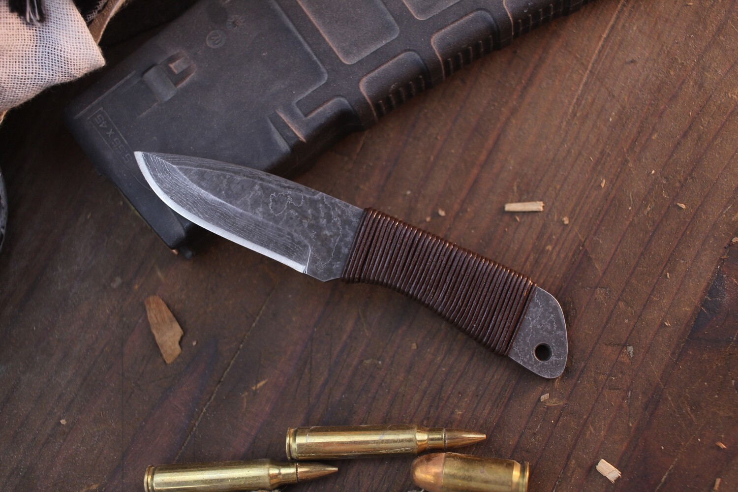 Brewer Forge Rapscallion 2.25&quot; Fixed Blade / Leather Wrap / Forged Damascus ( Pre Owned )