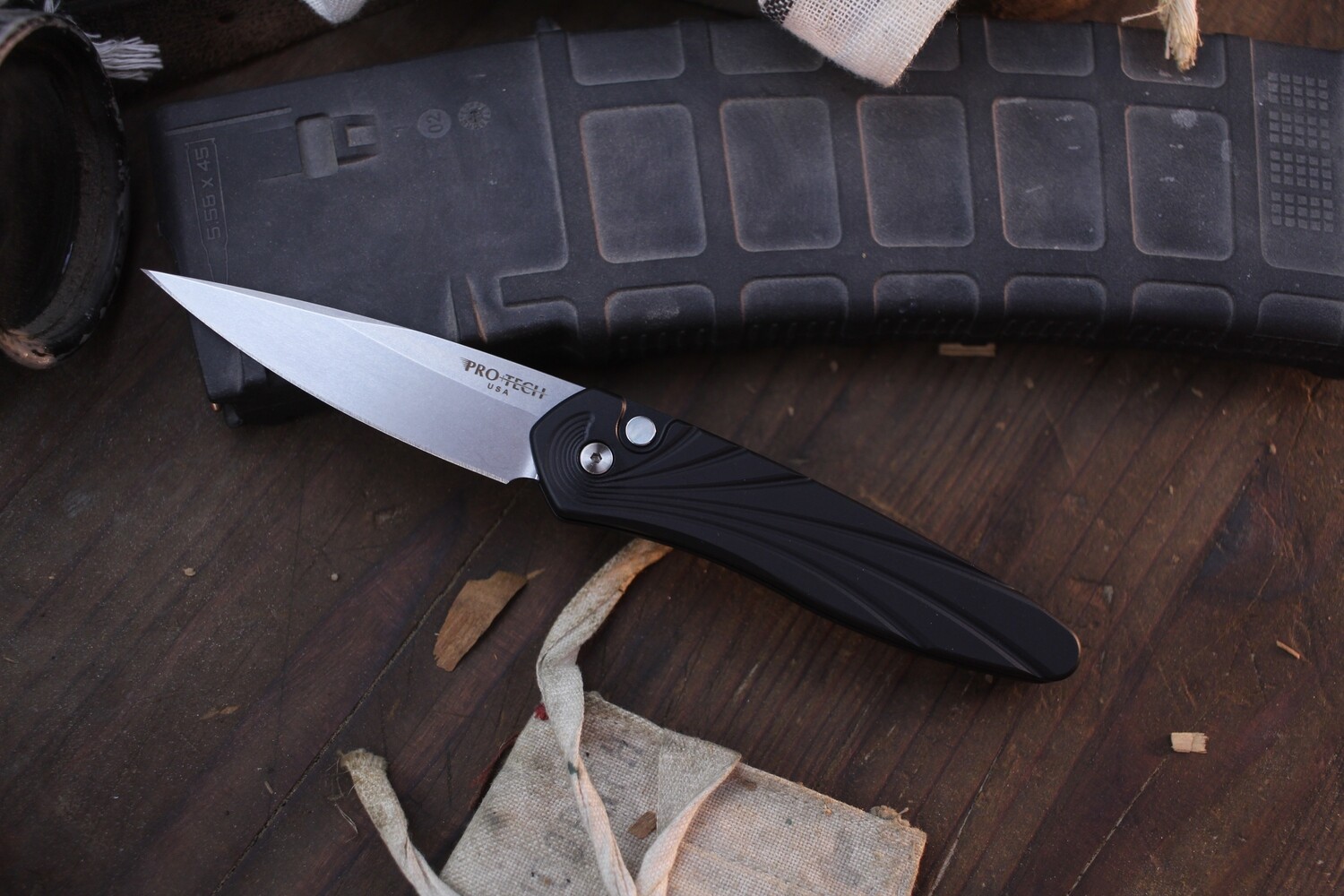 Pro-Tech Newport 3&quot; Automatic Folder / Black 3D Wave Aluminum &amp; Pearl Inlaid Button / Stonewashed S35VN