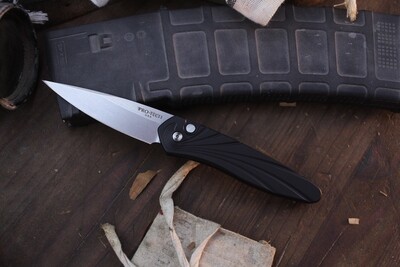 Pro-Tech Newport 3&quot; Automatic Folder / Black 3D Wave Aluminum &amp; Pearl Inlaid Button / Stonewashed S35VN