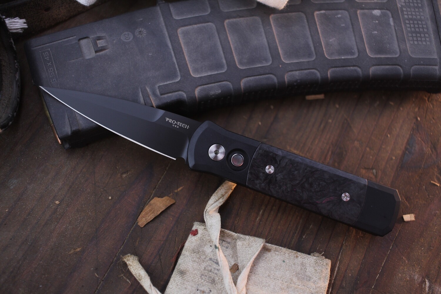 Pro-Tech Godson 3.125” Auto Buttonlock Folder / Black Aluminum &amp; Fat Carbon Dark Matter Purple Inlays / Black 154CM