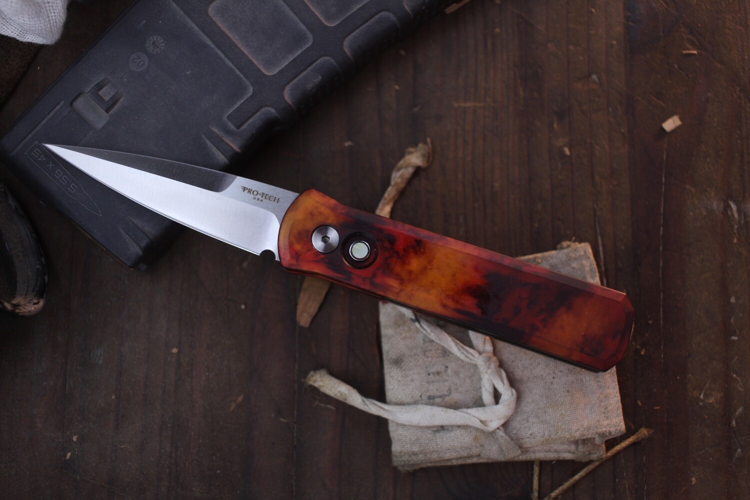 Pro-Tech Godson 3.125” Auto Buttonlock Folder / Del Fuego Aluminum &amp; Pearl Button / Stonewashed 154CM