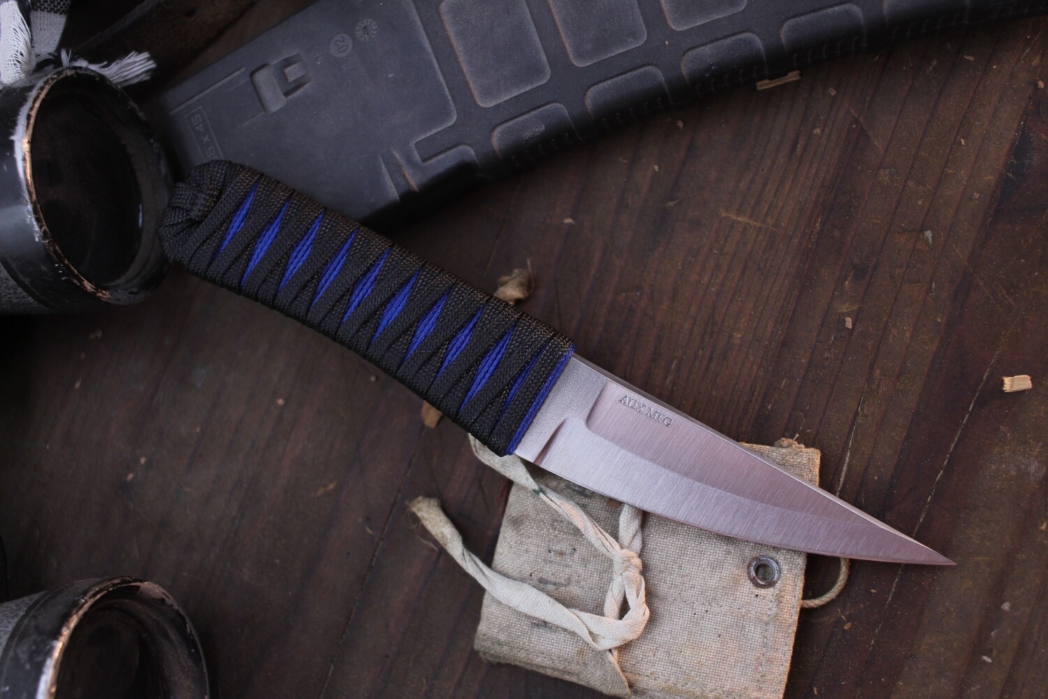 Auxiliary Manufacturing K.T.K. 4&quot; Fixed Blades / Black &amp; Blue Wrap / Satin AEB-L ( Pre Owned )