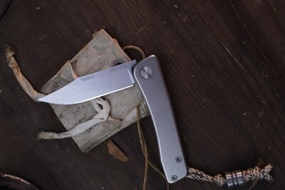Tactile Knives Bexar 2.84 Slip Joint Folder / Milled Titanium & Damascus Lanyard Bead / Stonewashed CPM Magnacut ( Pre Owned )