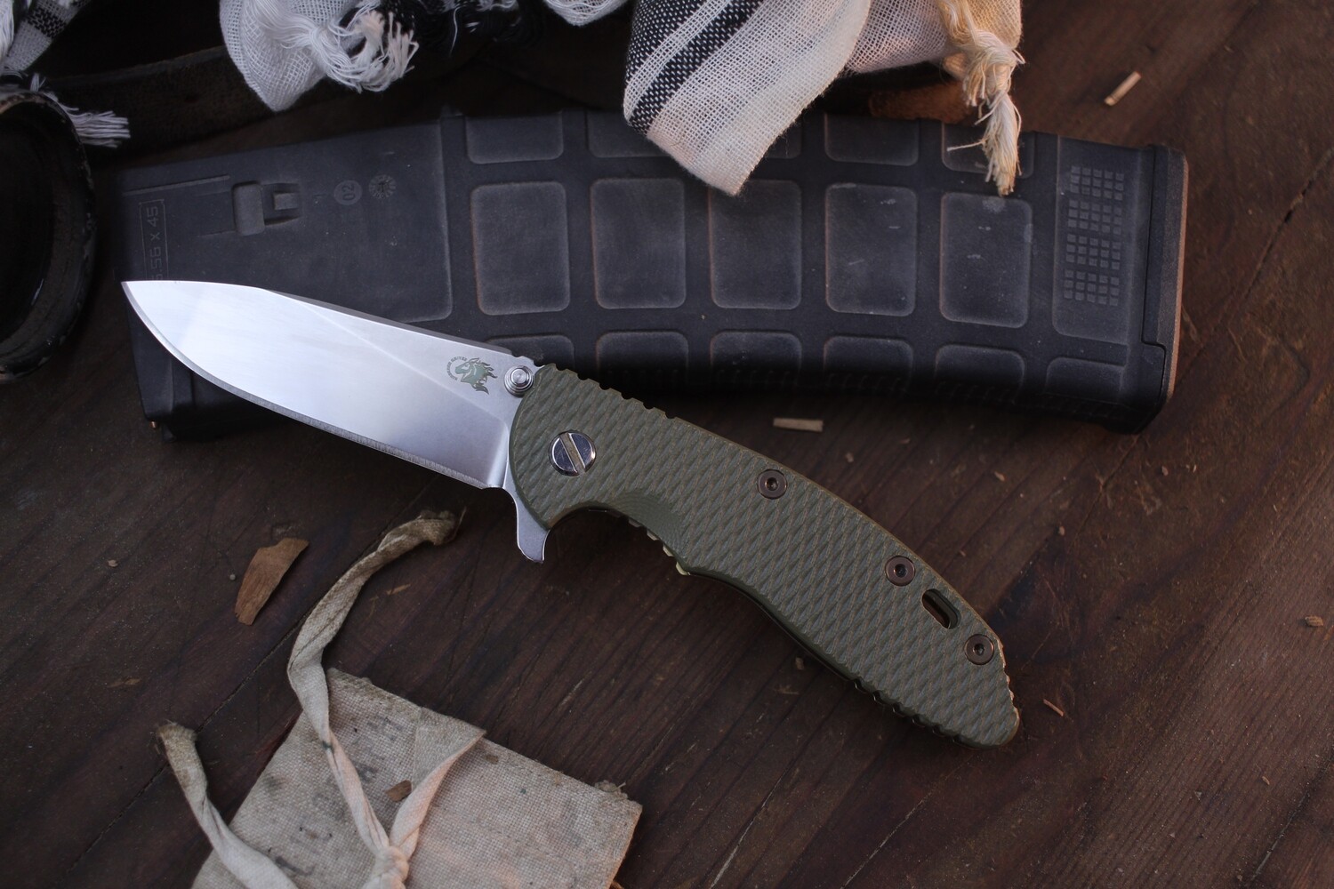 Hinderer XM-18  Slicer No Choil 3.5&quot; Framelock Flipper / OD Green G-10 &amp; Custom Anodized Titanium / Polished M390 ( Pre Owned )