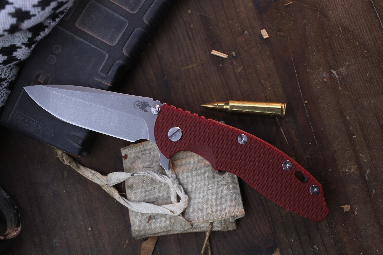Hinderer XM-18 3.5&quot; Framelock Flipper / Red G-10 &amp; Working Finish Titanium / Working Finish S45VN Spanto