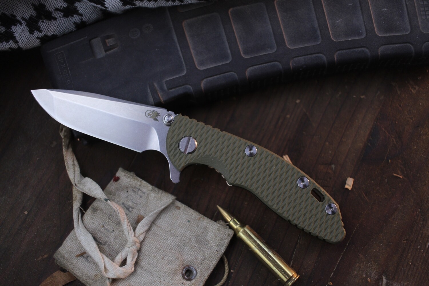 Hinderer XM-18 3&quot; Framelock Flipper / OD Green G-10 &amp; Stonewashed Bronze Titanium / Stonewashed 20CV Spanto