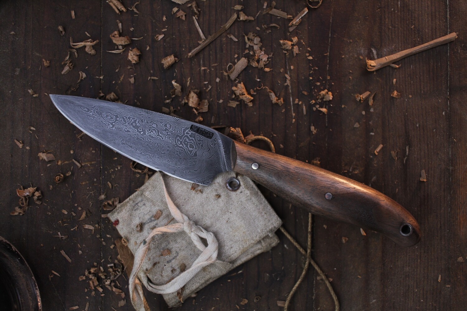 Mark Couch 3.75&quot; Drop Point Utility / Walnut / Alaskan Forged Damascus