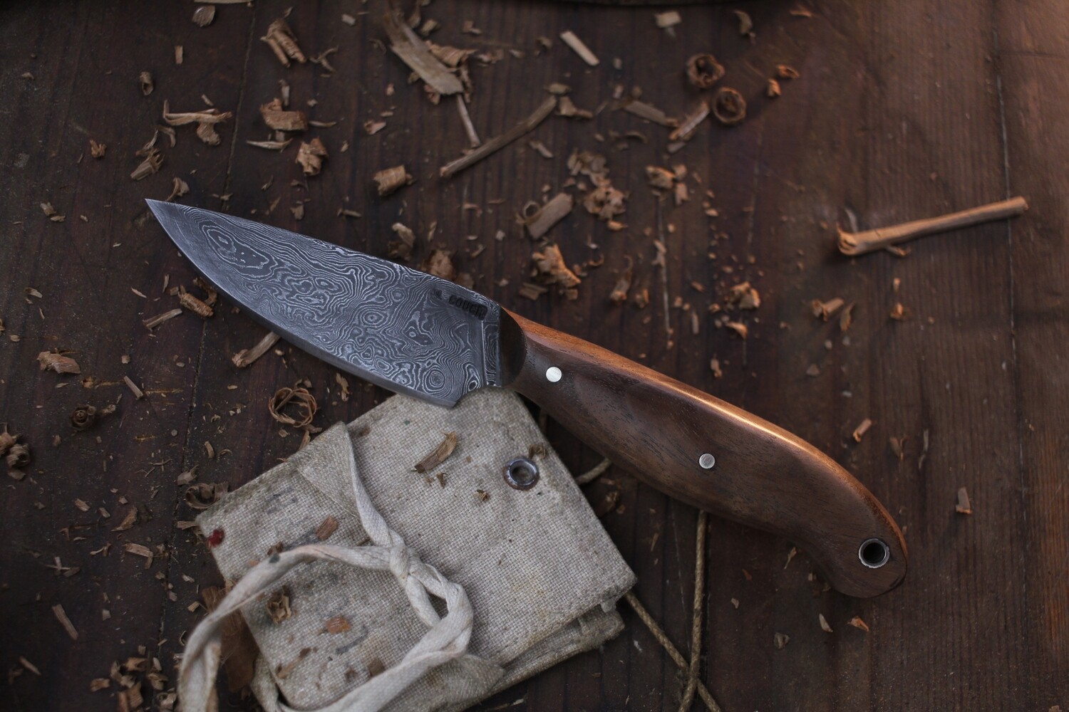 Mark Couch Small Utility 3.25&quot; Fixed Blade / Walnut  / Alaskan Forged Damascus