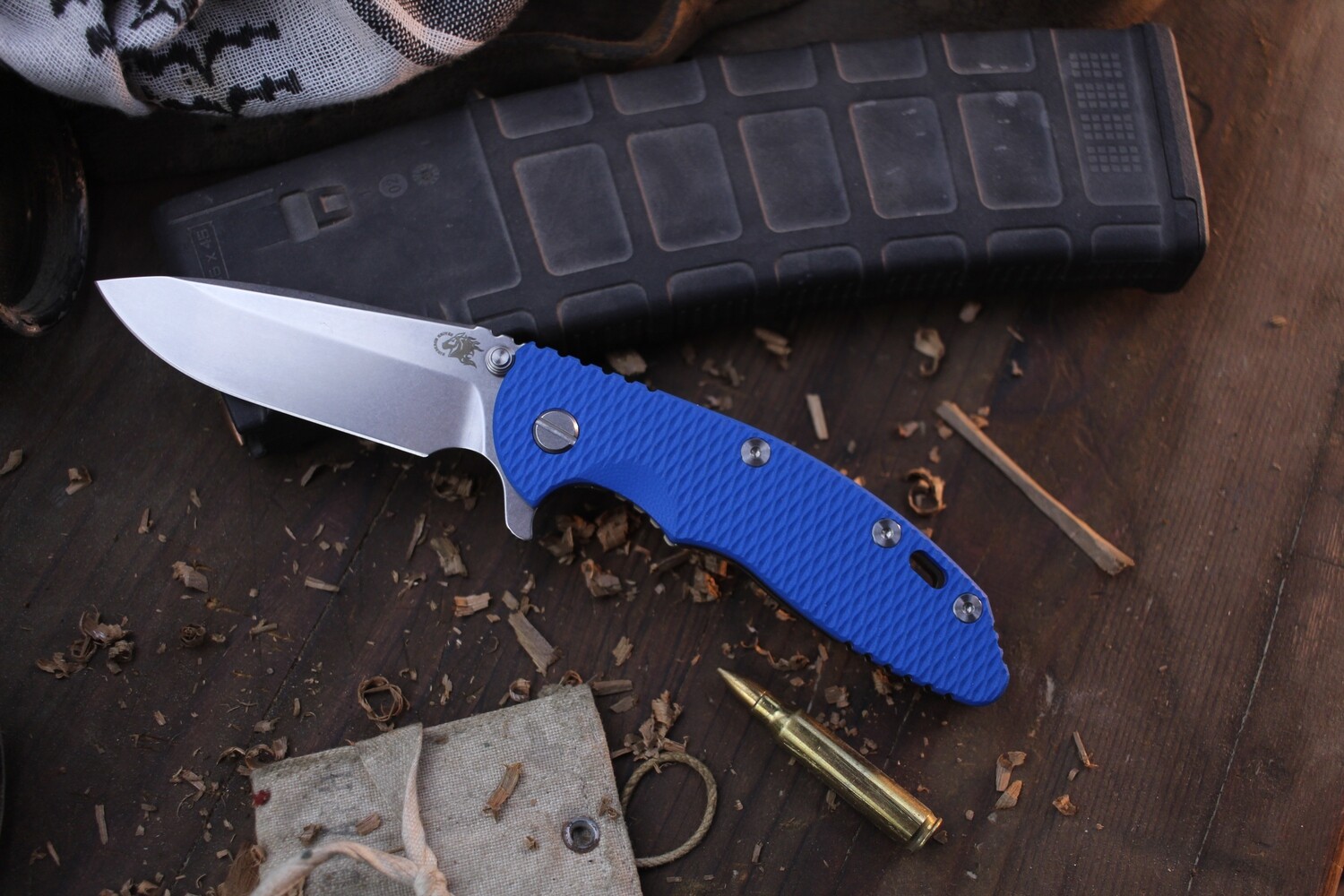 Hinderer XM-18 3.5&quot; Spearpoint Framelock Flipper / Blue G-10 &amp; Stonewashed Bronze Titanium / Stonewashed S45VN
