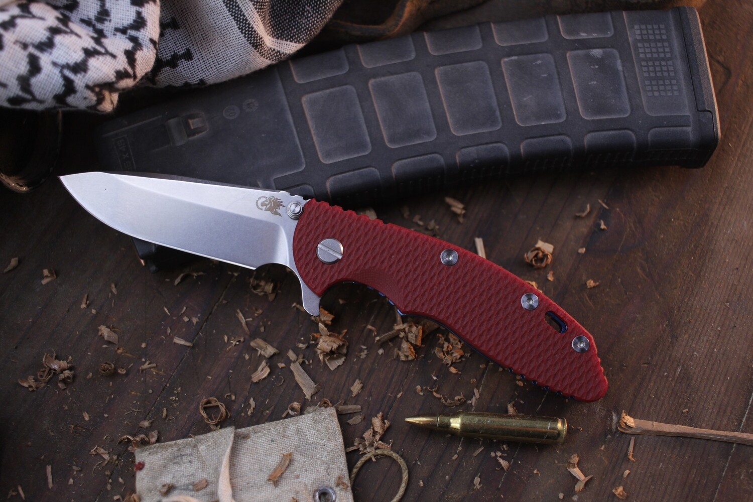 Hinderer XM-18 3.5&quot; Spearpoint Framelock Flipper / Red G-10 &amp; Stonewashed Blue Titanium / Stonewashed S45VN