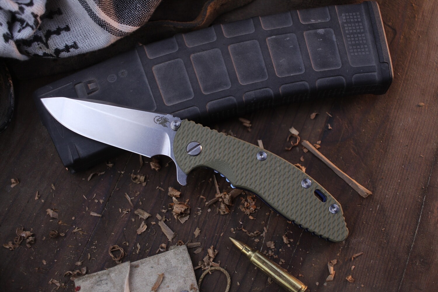 Hinderer XM-18 3.5&quot; Spearpoint Framelock Flipper / OD Green G-10 &amp; Stonewashed Blue Titanium / Stonewashed S45VN