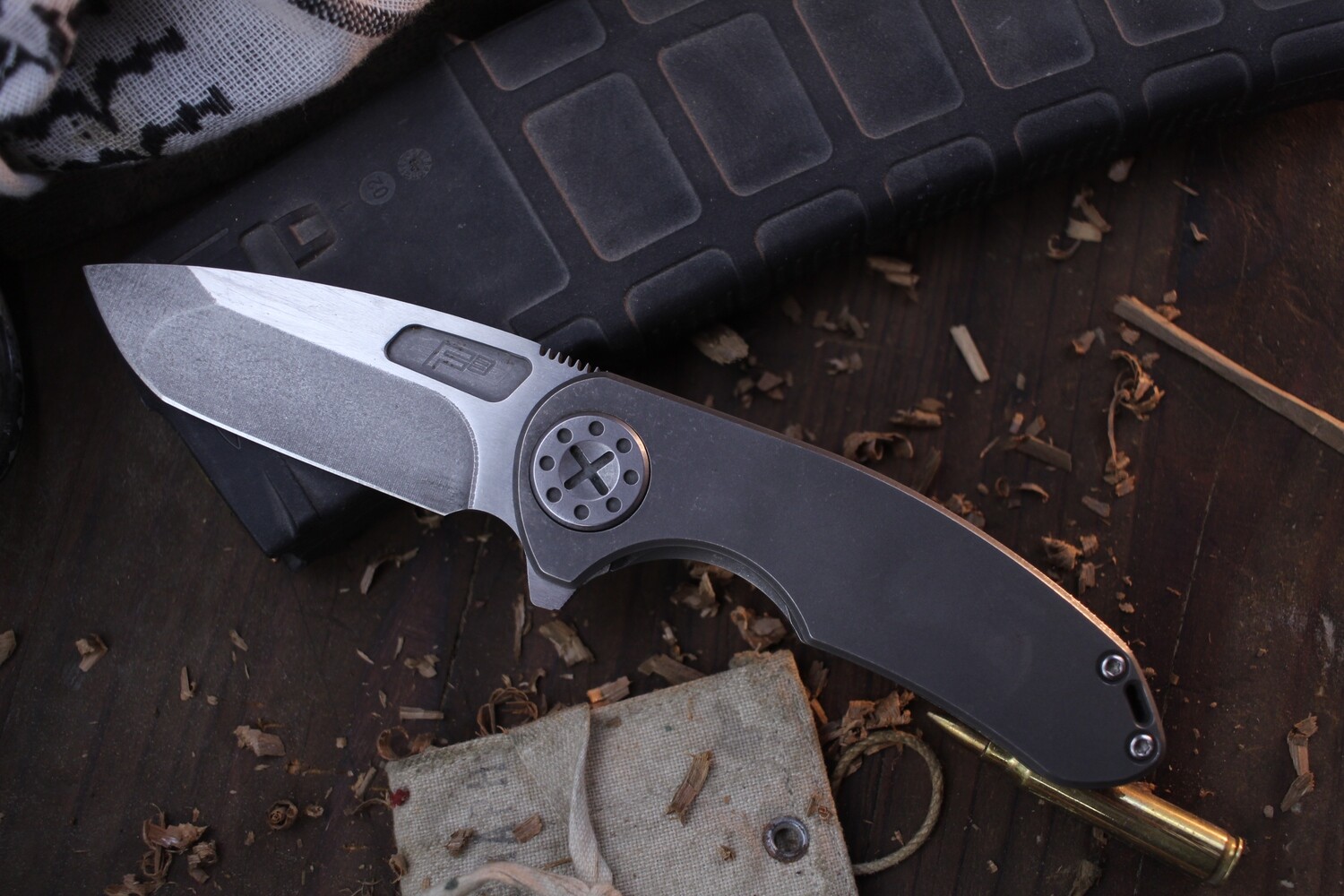 Curtiss Knives F3 Medium 3.25&quot; Framelock Flipper / Stonewashed Titanium / Two Tone CPM-MagnaCut Spanto ( Pre Owned )
