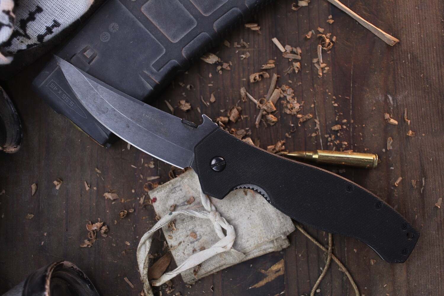 Emerson Hattin Wave Hook 4.0&quot; Linerlock Folder / Black G10 / Thunderstorm Finish 154CM ( Pre Owned )