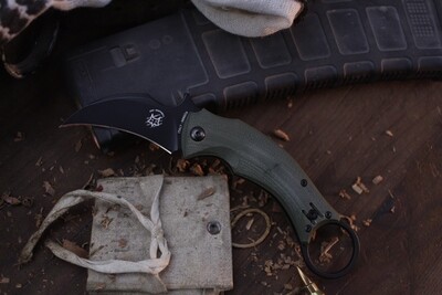 Bastinelli Creations Black Bird 2.3&quot; Linerlock Folding Karambit / OD Green G-10 / Black N690 ( Pre Owned )