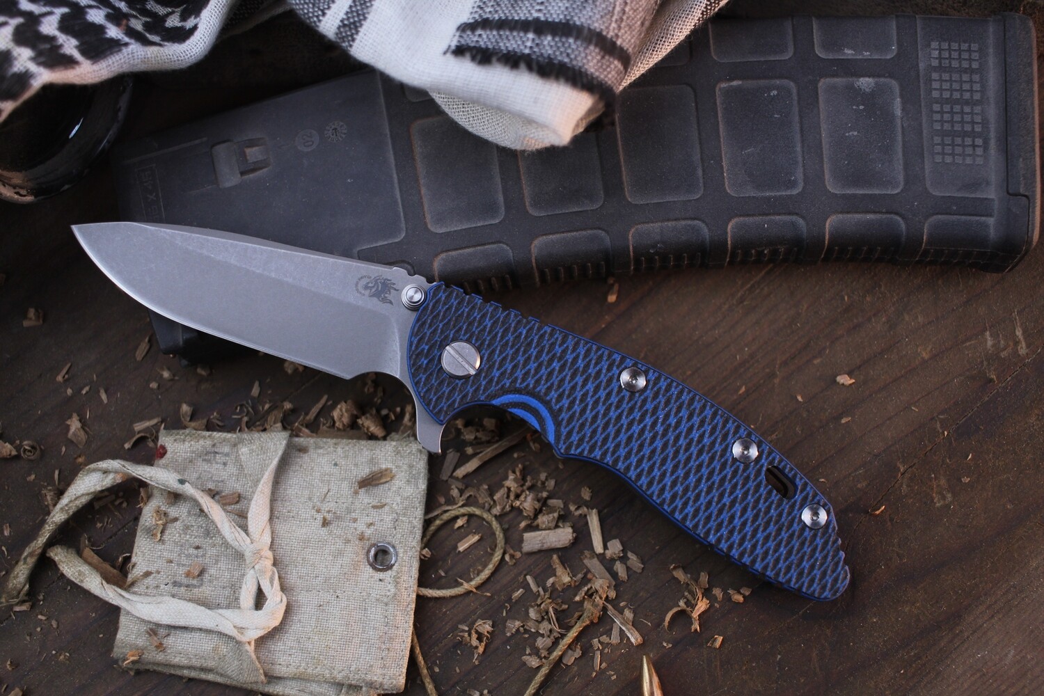 Hinderer XM-18  Spearpoint 3.5&quot; Framelock Flipper / Blue &amp; Black G-10With Battle Bronze Titanium / Stonewashed S45VN