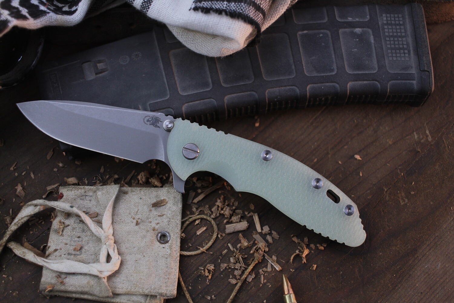 Hinderer XM-18  Spearpoint 3.5&quot; Framelock Flipper / Translucent Green G-10 &amp; Battle Bronze Titanium / Stonewashed S45VN