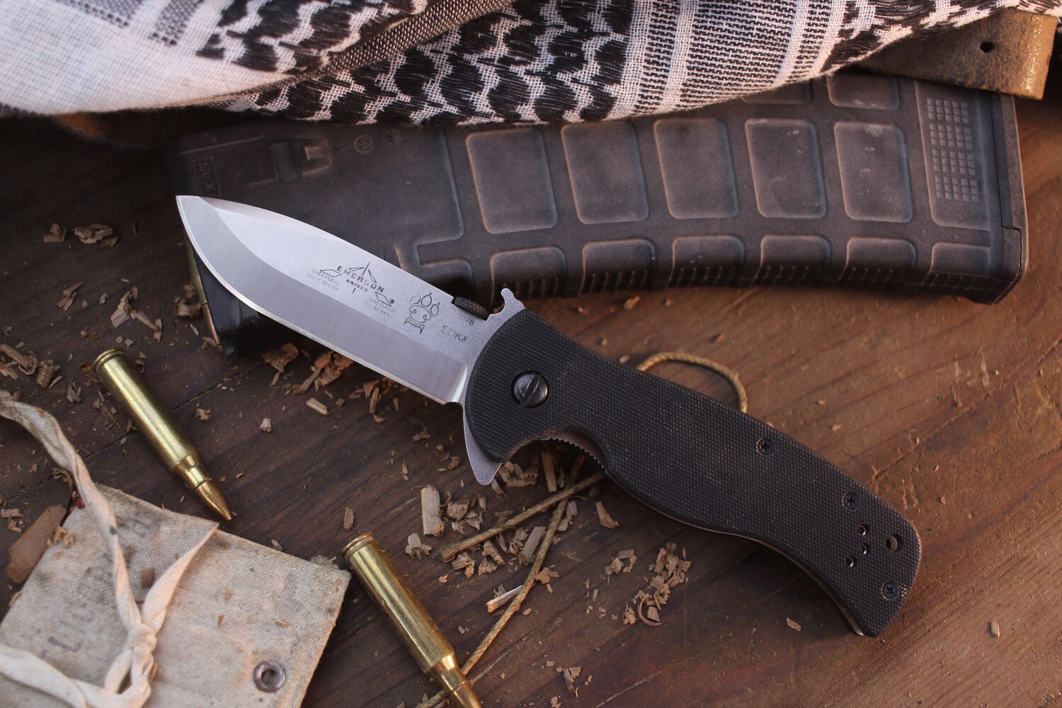 Emerson Sheepdog 3.5&quot; Wave Hook Spearpoint Flipper / Black G10 / Stonewashed 154CM ( Pre Owned )
