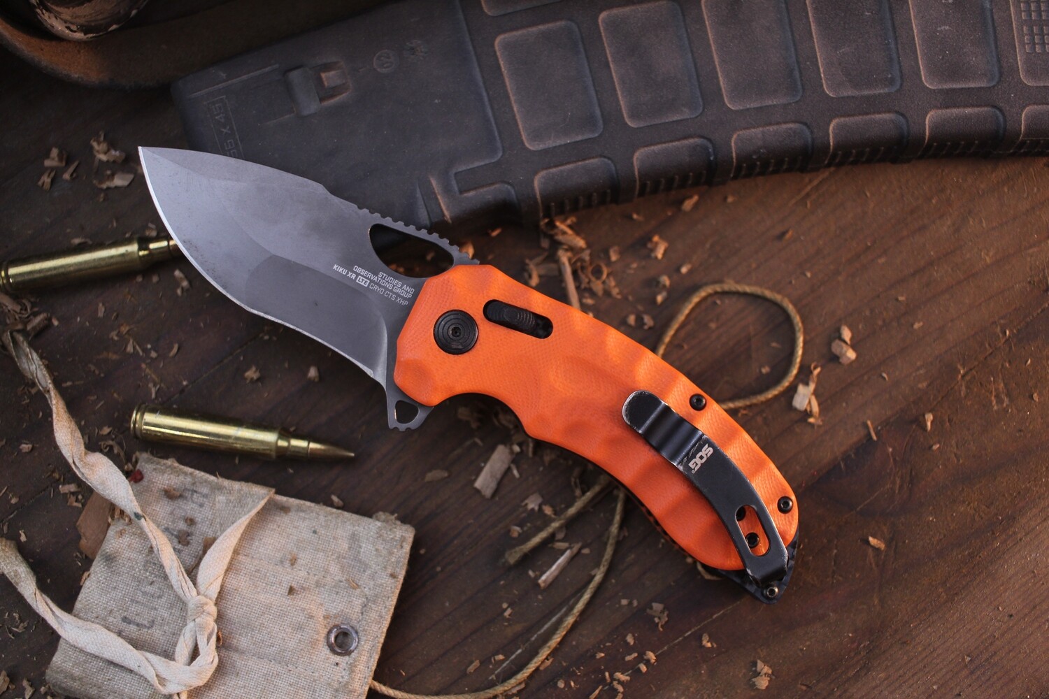 SOG Kiku XR LTE 3&quot; XR-Lock Flipper / Orange G-10 &amp; Carbon Fiber Liners / Grey CTS-XHP ( Pre Owned )