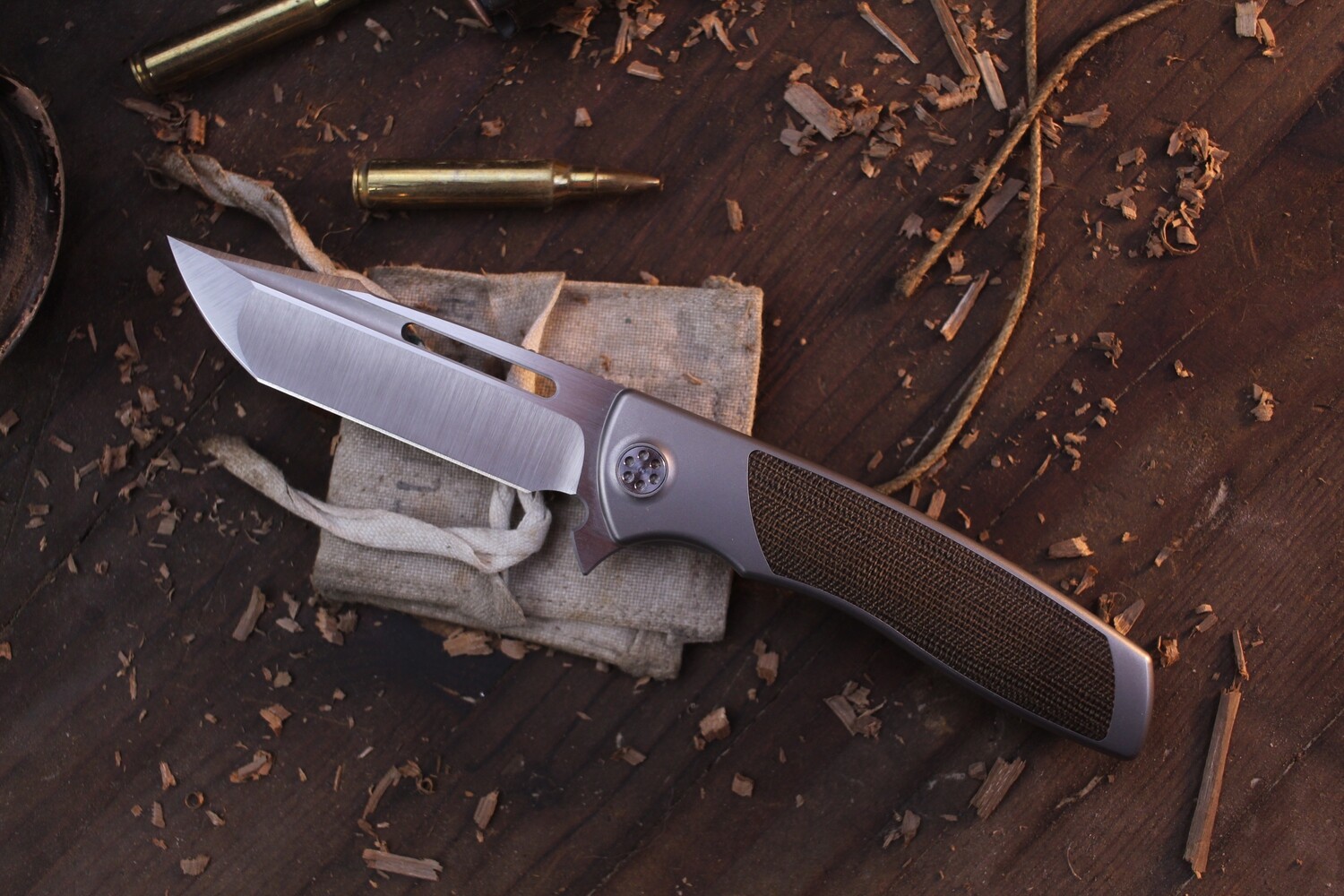 Sharp By Design Mini Evo Harpoon 3.25&quot; Framelock Flipper / Satin Titanium &amp; OD Green Micarta Inlay / Satin M390 ( Pre Owned )