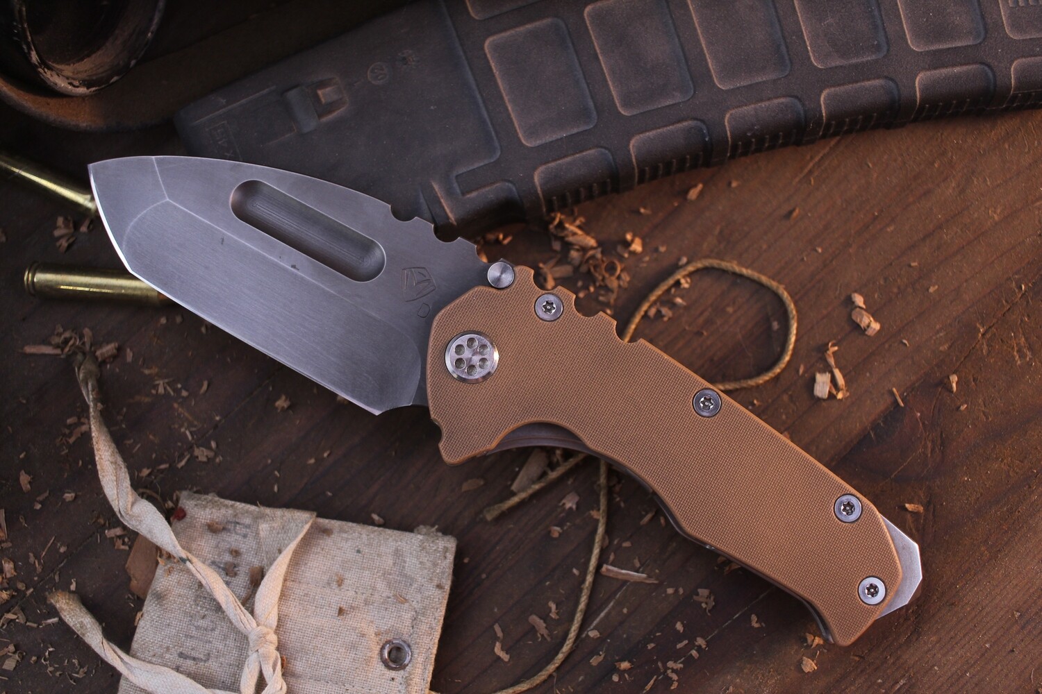 Medford Knife &amp; Tool (MKT) Praetorian G 3.75&quot; Framelock Folder / Tan G-10 &amp; Titanium / Black Oxide D2 Tanto ( Pre Owned )