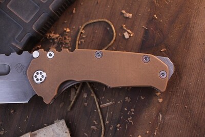 Medford Knife &amp; Tool (MKT) Praetorian G 3.75" Framelock Folder / Tan G-10 &amp; Titanium / Black Oxide D2 Tanto ( Pre Owned )