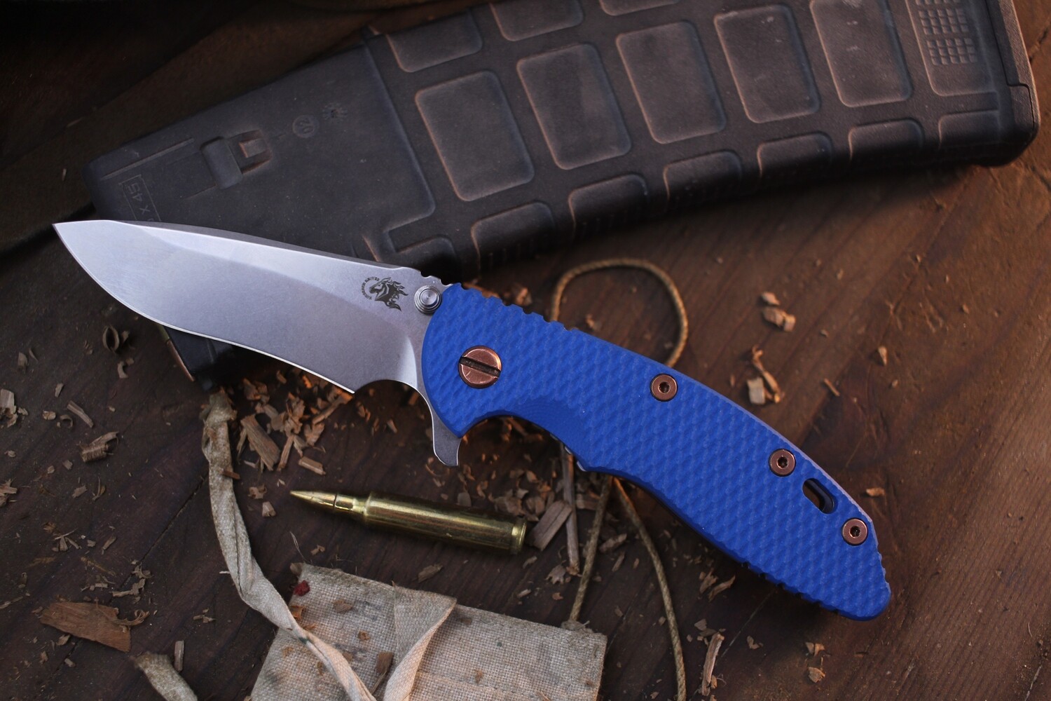 Hinderer XM-18 3.5&quot; Recurve Framelock Flipper / Blue G-10 With Blue Titanium &amp; Copper Hardware / Stonewashed 20CV ( Pre Owned )
