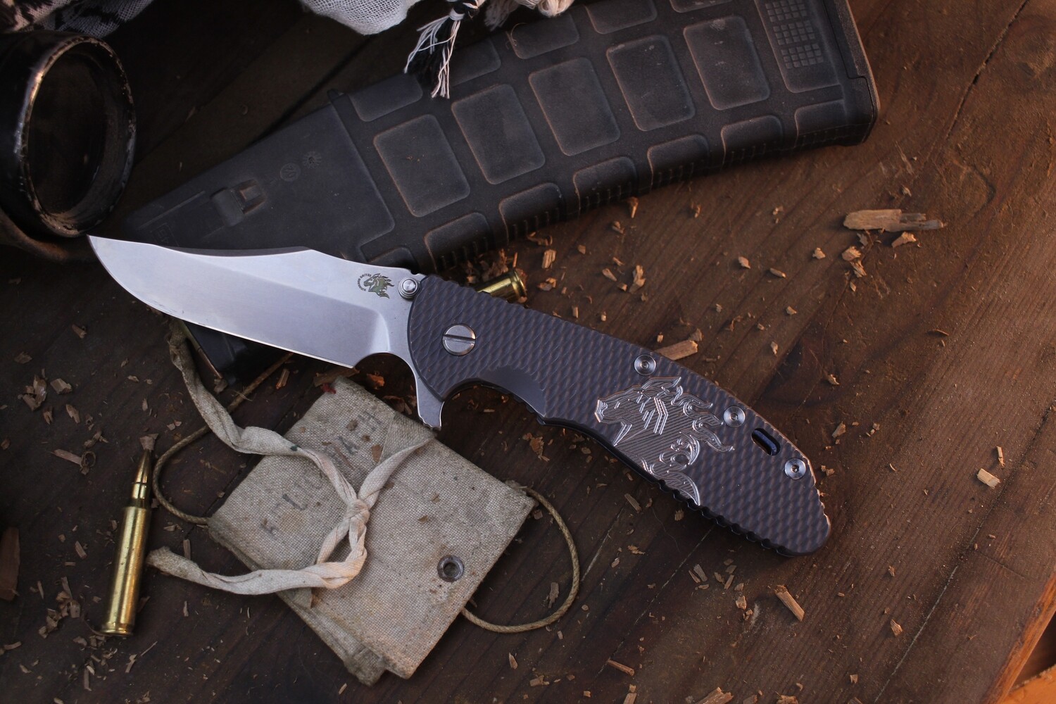 Hinderer Knives XM-24 4&quot; Framelock Flipper /  Horse Head Battle Blue Titanium / Stonewashed 20CV Bowie ( Pre Owned )