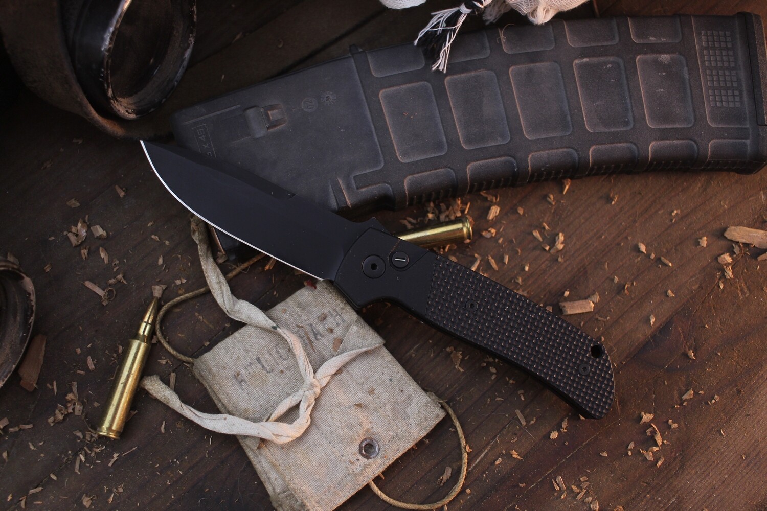 Pro-Tech Terzuola 3.5&quot; AUTO Buttonlock Folder / Textured Black G-10 &amp; Aluminum With Tritium Button / Black Magnacut ( Pre Owned