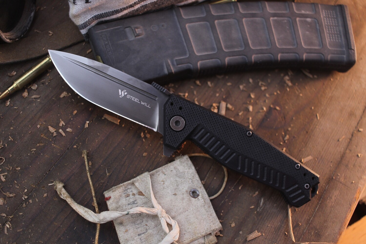 Steel Will Bruiser 500 4&quot; Linerlock Flipper / Black G-10 / Black K110 (D2) ( Pre Owned )