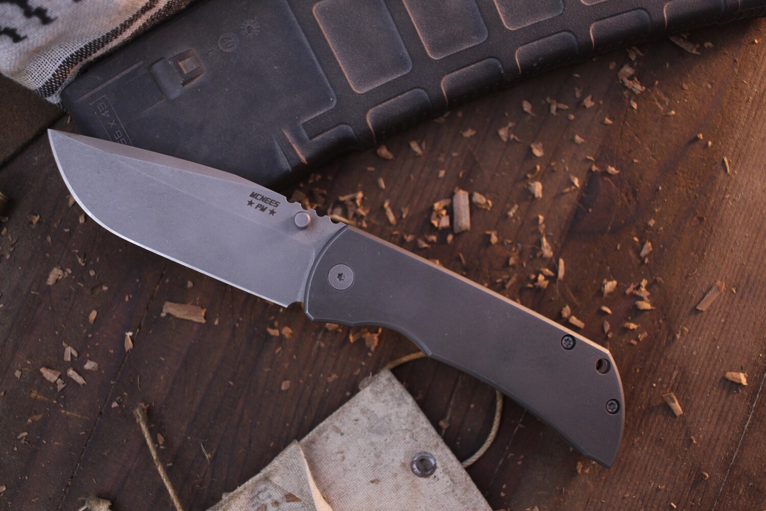 Mcnees Custom Knives Mac 2 3.5&quot; Framelock Folder / Stonewashed Titanium / Stonewashed Magnacut ( Pre Owned )